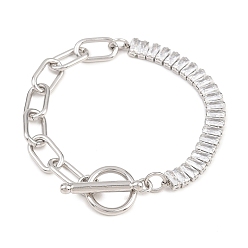 Нержавеющая Сталь Цвет 304 браслеты из нержавеющей стали с прозрачными циркониевыми звеньями, браслеты-цепочки со скрепками для женщин, прямоугольные, цвет нержавеющей стали, 6.69 дюйм (17 см)