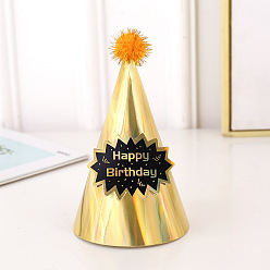 Gold Paper Party Hats Cone, with Pom Poms, for Kids Birthday Party Decorations Supplies, Gold, 120mm
