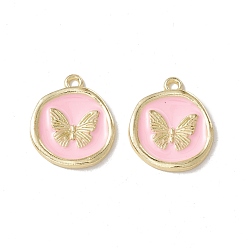 Pearl Pink Alloy Enamel Pendants, Light Gold, Flat Round with Butterfly, Pearl Pink, 21x18x2mm, Hole: 1.7mm