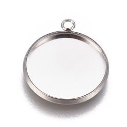 Stainless Steel Color Non-Tarnish 304 Stainless Steel Pendant Cabochon Settings, Plain Edge Bezel Cups, Flat Round, Stainless Steel Color, Tray: 16mm, 20.5x17.5x2mm, Hole: 1.8mm