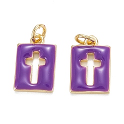 Сине-фиолетовый Латунь эмаль прелести, реальный 18 k позолоченный, долговечный, прямоугольник с крестом, синий фиолетовый, 14.5x9.5x2 мм, отверстие : 3 мм, Перейти кольцо: 5x0.8 мм