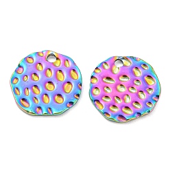 Rainbow Color 304 Stainless Steel Pendants, Textured, Flat Round Charm, Rainbow Color, 15x1mm, Hole: 1.8mm
