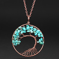 Synthetic Turquoise Synthetic Turquoise Chip Tree of Life Pendant Necklaces, Alloy Cable Chain Necklace for Women, 20-7/8 inch(53cm)