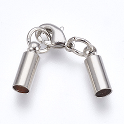 Real Platinum Plated Brass Lobster Claw Clasps, with Cord Ends, Long-Lasting Plated, Real Platinum Plated, 39mm, Hole: 3mm