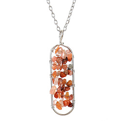 Carnelian Natural Carnelian Chips Beaded Oval Pendant Necklaces, with Cable Chains, 20.87 inch(53cm)