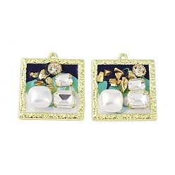 Blue Rack Plating Alloy Enamel Pendants, with Resin, ABS Imitation Pearl Beads, Rhinestone and Glass Beads, Cadmium Free & Nickel Free & Lead Free, Square, Blue, 33x30x6mm, Hole: 1.6mm