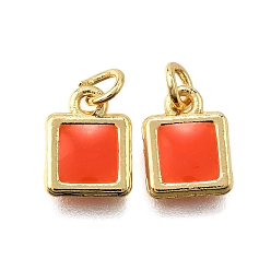 Оранжевый Латунь эмаль прелести, с целью перехода в кольце, квадратный шарм, стойки покрытие, без кадмия и без свинца, долговечный, золотые, оранжевые, 9.5x7x1.5 мм, отверстие : 2.6 мм