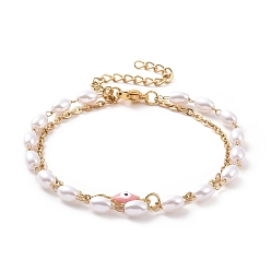 Pink Вакуумное покрытие pvd 304 многорядные браслеты из нержавеющей стали, с рисовыми пластиковыми бусинами и эмалевыми звеньями, рука хамсы / рука мириам со сглазом, золотые, розовые, 6-3/8 дюйм (16.1 см)