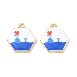 Blue Printed Brass Pendants, Hexagon with Whale Charms, Rack Plating, Long-Lasting Plated, Lead Free & Cadmium Free, Real 18K Gold Plated, Blue, 22.5x21x3.5mm, Hole: 2.5mm