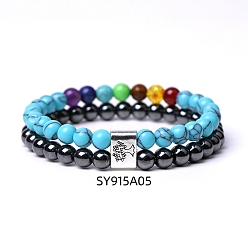Synthetic Turquoise Synthetic Turquoise & Mixed Stone Beaded Double Layer Bracelet, 7-1/8 inch(18cm)