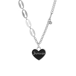 Stainless Steel Color Stainless Steel Enamel Heart Pendant Necklaces for Women, Black, Stainless Steel Color, 6.30 inch(16cm), Pendant: 17.3x18.4mm
