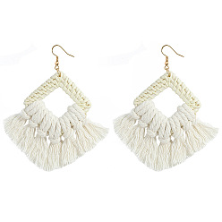 white Bohemian Style Cotton Tassel Fan-shaped Earrings for Beach Vacation