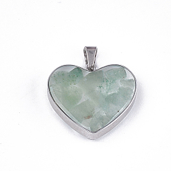 Green Aventurine Natural Green Aventurine Pendants, with Glass and 304 Stainless Steel Findings, Heart, Stainless Steel Color, 19x21x6mm, Hole: 3x5.5mm