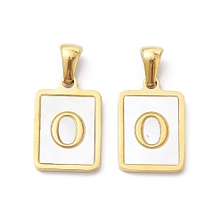 Letter O Ion Plating(IP) 304 Stainless Steel Pave Shell Pendants, Rectangle Charm, Real 18K Gold Plated, Letter O, 17.5x12x1.5mm, Hole: 3x5mm