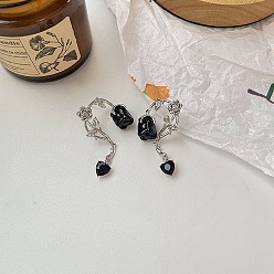 Black Lampwork Flower of Life Dangle Stud Earringsl, Platinum Alloy Earrings, Black, 47mm