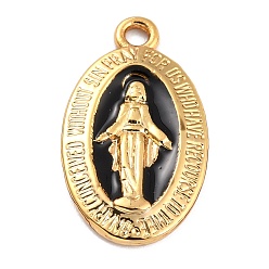 Black Golden Alloy Enamel Pendants, Long-Lasting Plated, Our Lady of the Miraculous Medal, Oval, Black, 21x12x1.5mm, Hole: 1.7mm