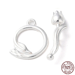 Silver 925 Sterling Silver Toggle Clasps, Long-Lasting Plated, Flower with 925 Stamp, Silver, Ring: 14x12x1mm, Hole: 1.5mm, Flower: 17.5x4.5x5.5mm, Hole: 1.4mm