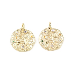 Sagittarius Brass Micro Pave Colorful Cubic Zirconia Charms, Round with Constellation Charms, Rack Plating, Long-Lasting Plated, Cadmium Free & Lead Free, Golden, Sagittarius, 14~15x14~15x1.6~2.2mm