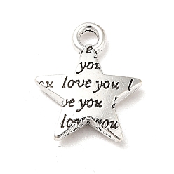 Antique Silver Tibetan Style Alloy Charms, Star with Word Love You Charms, Antique Silver, 15x13x3mm, Hole: 1.8mm, about 909pcs/1000g