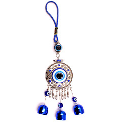 Blue Flat Round with Evil Eye Alloy Pendant Decorations, Bell Charm Car Bag Hanging Decoration, Blue, 260x54mm