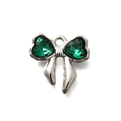Изумруд 304 подвески из нержавеющей стали, со стразами, бантом, цвет нержавеющей стали, изумруд, 18x18x4.5 мм, отверстие : 1.8 мм