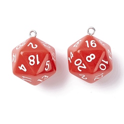 Red Opaque Acrylic Pendants, with Platinum Plated Iron Findings, Faceted, Polyhedral Dice, D20, Red, 27.5x20x20mm, Hole: 2mm