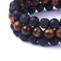 Tiger Eye Adjustable Natural Tiger Eye Braided Bead Bracelets, with Natural Lava Rock, Natural Black Agate Beads and Nylon Cord, 2-3/8 inch~3 inch(5.9~7.8cm)