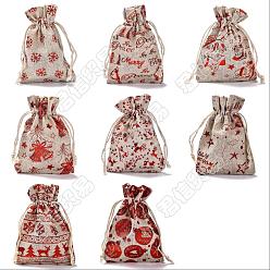 Mixed Patterns 24Pcs 8 Styles Christmas Theme Cotton Gift Packing Pouches Drawstring Bags, for Christmas Valentine Birthday Party Candy Wrapping, Red, Mixed Patterns, 14.3x10cm, 8pattern, 3pcs/pattern, 24pcs