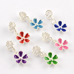 Mixed Color Silver Color Plated Flower Metal Alloy Enamel European Dangle Charms, with Iron Findings, Large Hole Pendants, Mixed Color, 26x12x7mm, Hole: 5mm