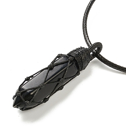 Obsidian Adjustable Natural Obsidian Pendant Necklaces, with Waxed Cord, Faceted Bullet, 8.74~15.43 inch(22.2~39.2cm)