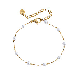 Белый 304 Браслеты из нержавеющей стали с звеньями из искусственного жемчуга, браслеты-цепочки для женщин, круглые, белые, 6.50 дюйм (16.5 см) ~ 6.69 дюйм (17 см)