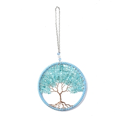 Sky Blue Wire Wrapped Chips Dyed Glass Big Pendant Decorations, with Iron Chains and Imitation Leather Rope, Flat Round with Tree of Life, Sky Blue, 245mm