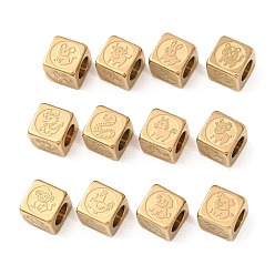 Doré  304 acier inoxydable perles européennes, Perles avec un grand trou   , cube avec les douze signes du zodiaque chinois, or, 8x8x8mm, Trou: 5mm, environ 12 pcs / ensemble