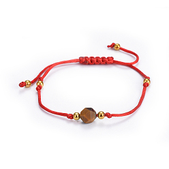 Red Adjustable Nylon Cord Braided Bead Bracelets, Red String Bracelets, with Brass and Natural Tiger Eye Beads, Red, 1-5/8 inch~3 inch(4~7.5cm)