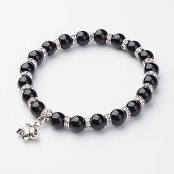 Black Agate Natural Black Agate Charm Bracelets, Stretch Bracelets, with Alloy Elephant Pendants, Antique Silver, 2-1/4 inch(57mm)