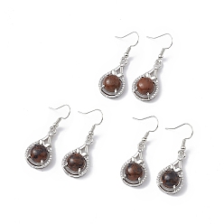 Красный Обсидиан Серьги-капли из натурального красного дерева и обсидиана с кристаллами и стразами, платиновые латунные украшения для женщин, 42 мм, штифты : 0.6 мм