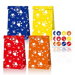 Mixed Color Rectangle with Paw Print Pattern Paper Bags, with Flat Round Stickers, for Party Gift & Food Bags, Mixed Color, 8x12x22cm, 30pcs/set 