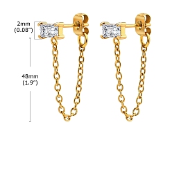 Clear Cubic Zirconia Rectangle Stud Earrings, Golden 304 Stainless Steel Chains Tassel Front Back Stud Earrings, Clear, 48x2mm