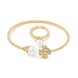 Прозрачный Комплекты колец и браслетов-манжет с клевером из латуни с микропаве из кубического циркония для женщин, с акриловой жемчужины, стойки покрытие, реальный 18 k позолоченный, прозрачные, браслет: 3~13ширина мм, внутренний диаметр: 63x54 мм