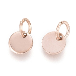 Rose Gold Ion Plating(IP) 304 Stainless Steel Charms, with Jump Rings, Blank Stamping Tag, Flat Round, Rose Gold, 6x0.7mm, Hole: 3.5mm