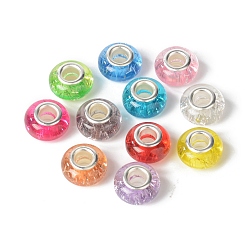 Mixed Color Rondelle Resin European Beads, Large Hole Beads, with Glitter Powder and Platinum Tone Brass Double Cores, Mixed Color, 13.5x8mm, Hole: 5mm