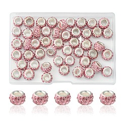 Light Rose 50Pcs Polymer Clay Rhinestone European Large Hole Beads, with Silver Color Plated Brass Cores, Rondelle, Light Rose, 11~12x7~7.5mm, Hole: 5mm