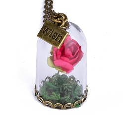 Cerise Glass Dried Flower Wishing Bottle Pendant Necklace, with Antique Bronze Alloy Cable Chains, Cerise, 23.62 inch(60cm)