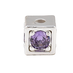 Púrpura Latón pavimenta cuentas de circonita cúbica, cubo, chapado en rack, larga duración plateado, sin plomo y el cadmio, plata, púrpura, 7x7.5x7.5 mm, agujero: 2 mm