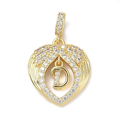 Letter D Латунные микропаве прозрачные подвески с фианитом, крыло с буквенными подвесками, без свинца и без кадмия, долговечный, стойки покрытие, реальный 18 k позолоченный, Буква D, 20.5x18x3.5 мм, отверстие : 4.5x3.5 мм