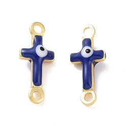 Marine Blue Brass Enamel Connector Charms, Real 18K Gold Plated, Religion Cross with Evil Eye Pattern, Marine Blue, 5.5x13x3mm, Hole: 1.2mm