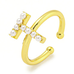 Letter T Латунные открытые манжеты для женщин, с ABS имитации жемчуга, без кадмия и без свинца, долговечный, буквы, Письмо T, внутренний диаметр: 17 мм, буква t: 11.5x9 мм