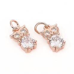 Розовое Золото Латунные микро проложить кубического циркония прелести, с прыжковых колец, сова, прозрачные, розовое золото , 10.5x7.8x3.8 мм, кольца прыжок: 4.8x0.8 мм, 3.2 мм внутренним диаметром