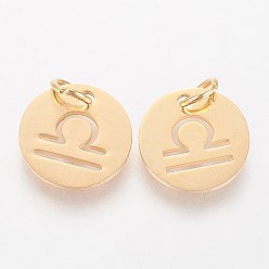 Libra 304 Stainless Steel Charms, Flat Round with Constellation/Zodiac Sign, Golden, Libra, 12x1mm, Hole: 3mm