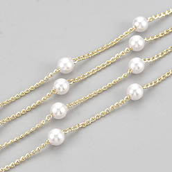 Real 18K Gold Plated Handmade ABS Plastic Imitation Pearl Beaded Chains, Soldered, with Spool, with Brass Findings, Round, Creamy White, Real 18K Gold Plated, 2x1x0.3mm, about 98.42 Feet(30m)/roll